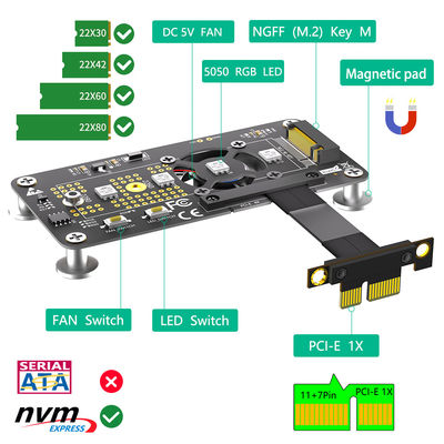 PCI- E X1 إلى M.2 NVME NGFF كابل تمديد محول SSD مع مروحة تبريد و LED تلقائي التبديل اللون.