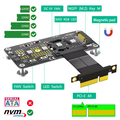 PCI Express PCI-E 3.0 4X إلى NGFF M.2 2280 M2 NVME محول SSD محول بطاقة تبريد مروحة + كابل تمديد عالي السرعة 100MM