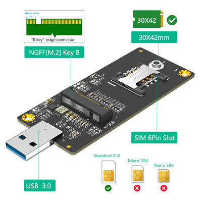 NGFF(M.2) مفتاح B إلى محول USB 3.0 مع فتحة SIM 6pin لوحدة WWAN / LTEالبث عالي السرعة دون تأخير