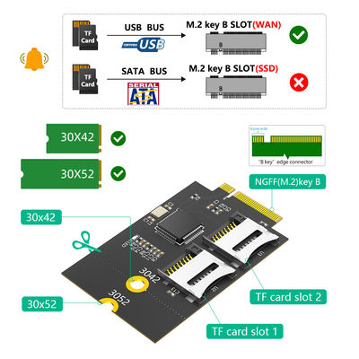بطاقة ميكرو SD مزدوجة ، بطاقة TF إلى NGFF M.2 مكيّف مفتاح B ((يدعم حافلة USB ، وليس حافلة SATA)