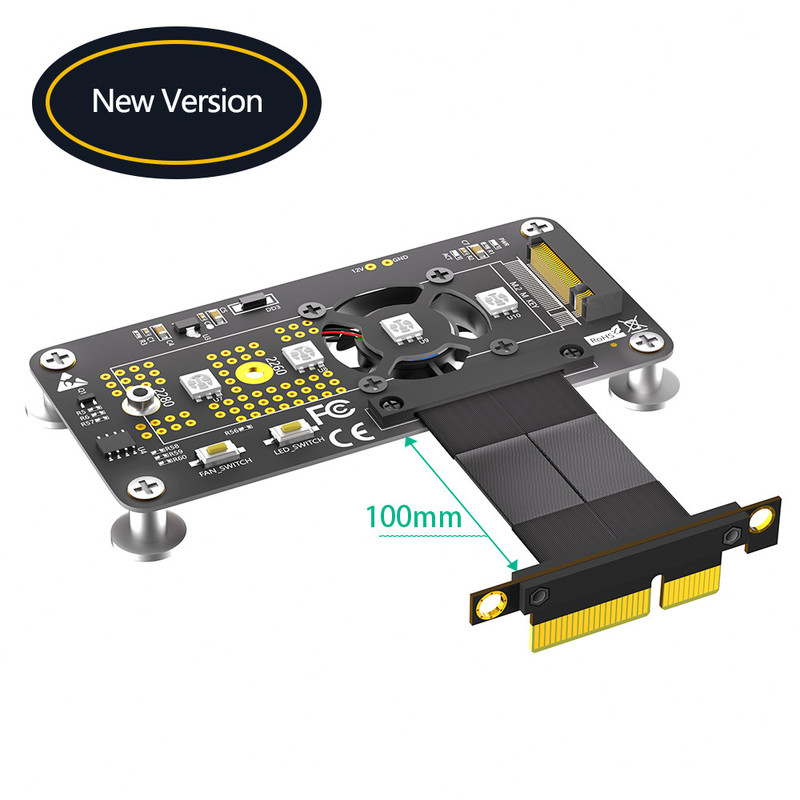PCI Express PCI-E 3.0 4X إلى NGFF M.2 2280 M2 NVME محول SSD محول بطاقة تبريد مروحة + كابل تمديد عالي السرعة 100MM