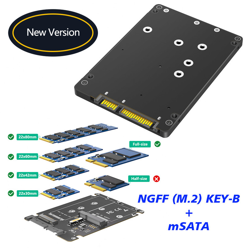 Full-size NGFF M.2 B Key/mSATA SSD to 2.5 SATA3 Adapter 2 in 1 with Plastic Enclosure